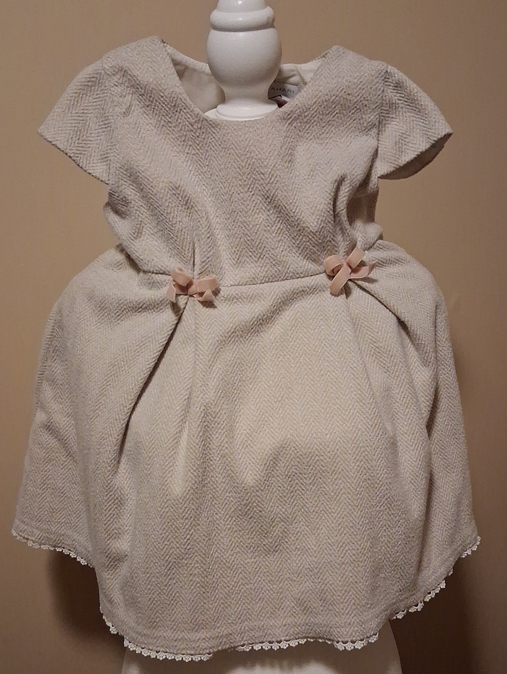 Tahari Cream Herringbone Party Dress with Bow Details